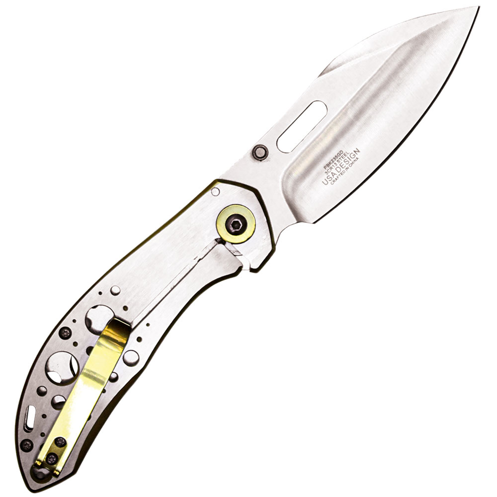 Assisted Open Folding Pocket Knife with Gold Trim view 3